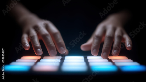 Hands playing electronic music controller with colorful illuminated pads in dark environment creating energetic mood