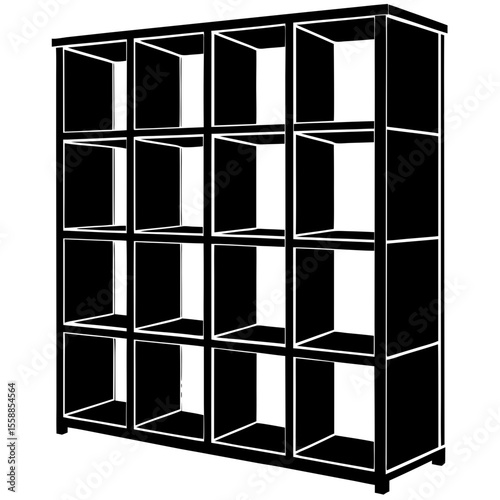 Black shelving unit with twelve square compartments silhouette vector illustration