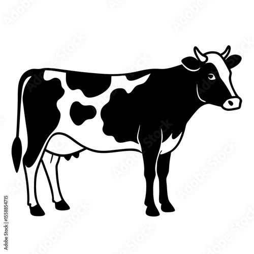 Standing black and white cow silhouette vector illustration