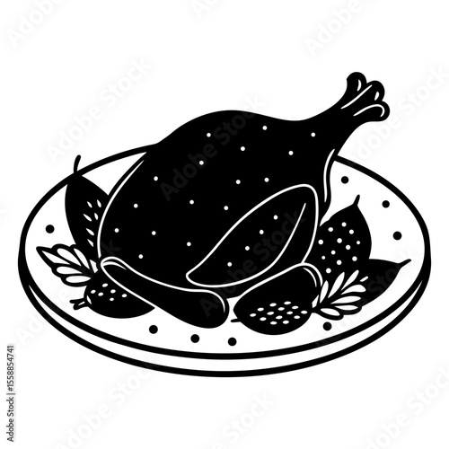 Roasted chicken on plate with garnish silhouette vector illustration