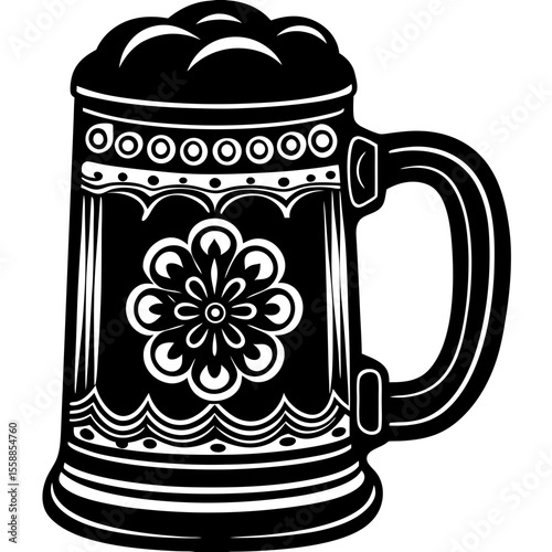 Ornate beer stein with flower design silhouette vector illustration