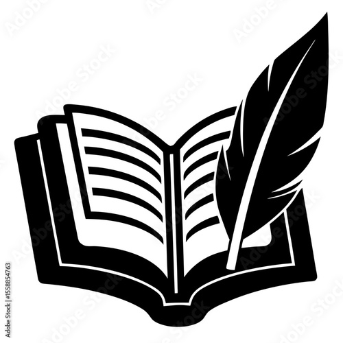 Open book with feather quill pen next to it silhouette vector illustration