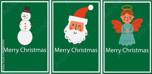 Christmas postcard set with Santa Claus, angel and snowman on green background, holiday vector greeting cards with cartoon characters