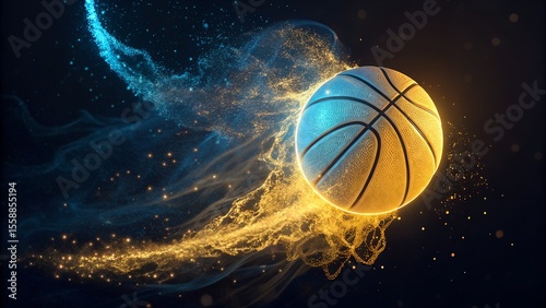 Dynamic Glowing Basketball with Blue and Gold Particles
