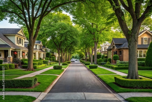 Lush Green Neighborhood Street with Symmetrical Trees and Homes