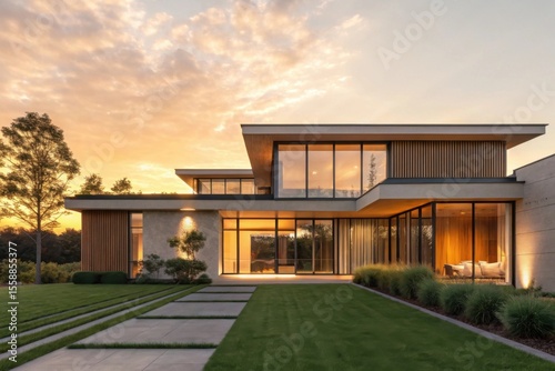 Modern Architectural Home Design Surrounded by Nature at Sunset