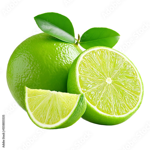 Green lime wedge, showing its juicy pulp and thin peel. Isolated against a clean white background with a subtle reflection.