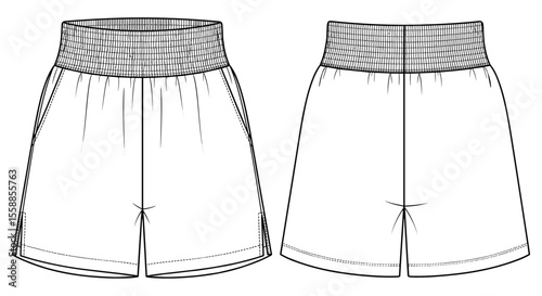 Technical flat sketch of women’s high waist shorts with elastic waistband, front and back view, for fashion design and illustration