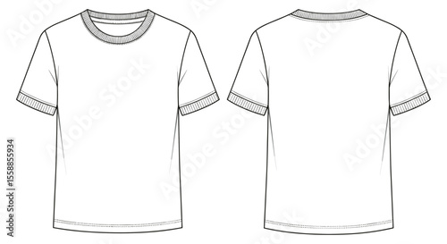 Technical flat sketch of basic crew neck t-shirt front and back view for fashion design, apparel template, and clothing illustration