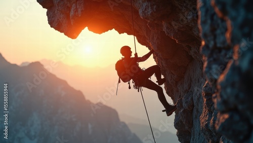 Rock climber hanging from a challenging overhang at sunset, silhouetted against majestic mountain ranges — a daring display of strength, courage, and determination.

