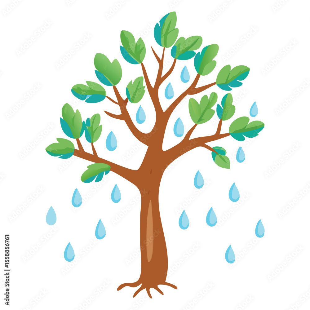 Obraz premium Tree with raindrops illustration for weather forecast and nature related designs and educational resources