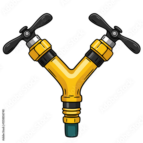 Illustration of Y-shaped garden hose splitter with two valves on transparent background
