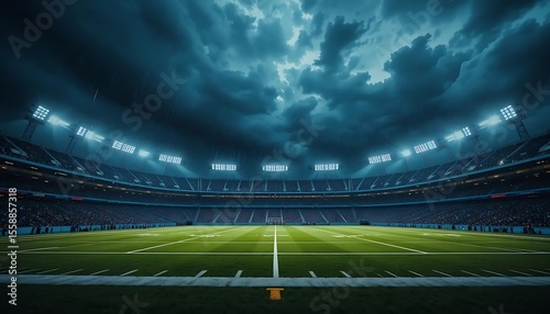 American Football Stadium at Night with Ball on Field