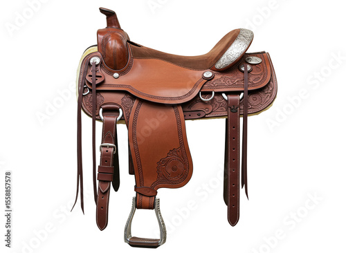 Western style leather horse saddle with stirrups isolated on transparent background