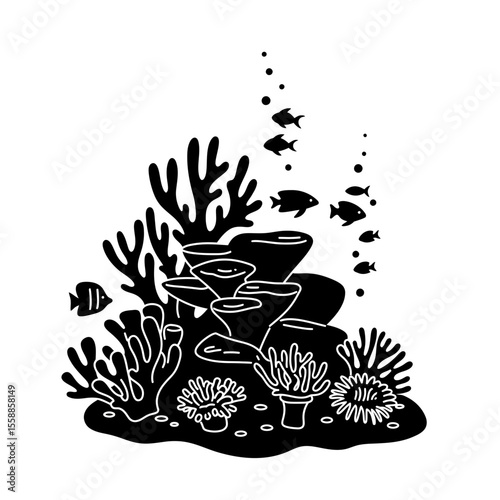 Black silhouette of coral reef with fish and bubbles