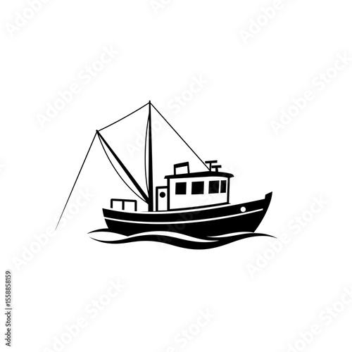 Stylized fishing boat silhouette on wavy water line