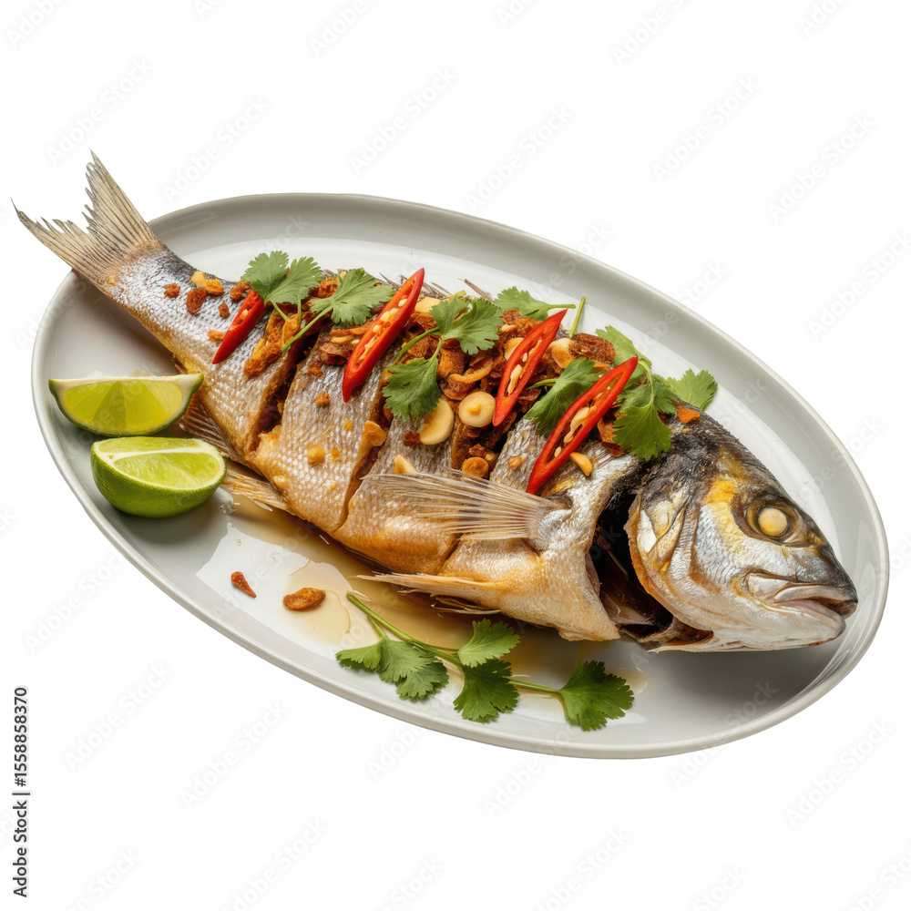 Delicious Crispy Fried Fish with Garlic, Chili, and Lime Garnish on White Plate. Isolated Transparent Background Delicious Crispy Fried Fish with Garlic, Chili, and Lime Garnish on White Plate. Isolated Transparent Background