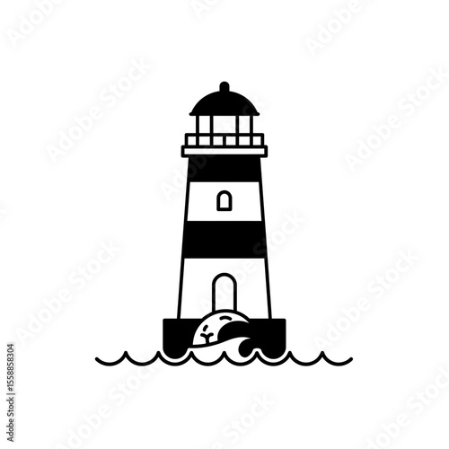 Stylized black and white lighthouse on the water silhouette