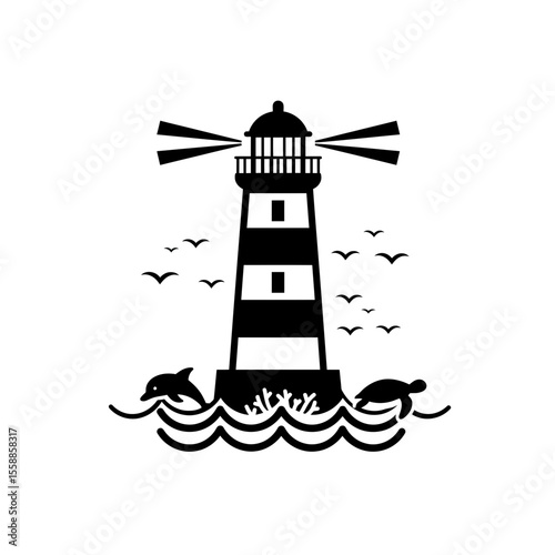 Lighthouse with sea animals and birds silhouette