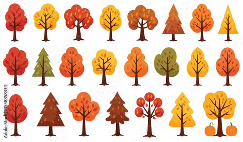 Set of different simple autumn trees and bushes isolated on white. Vector illustration