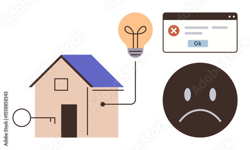 House connected to key and lightbulb, error popup, and sad face highlight security breach, access failure, and vulnerability concerns. Ideal for cybersecurity, vulnerability, technology, error