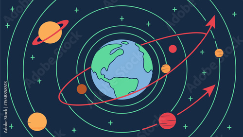 Illustration of earth surrounded by planets with orbits and arrows on a dark blue background