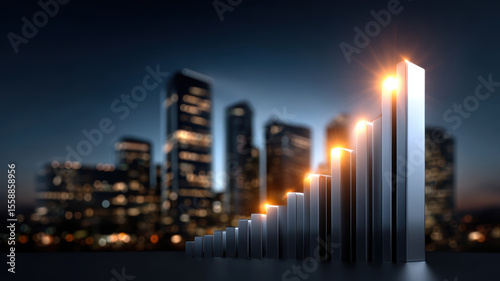 Business growth expansion competition concept. image showcases modern city skyline with bar graph symbolizing business growth
