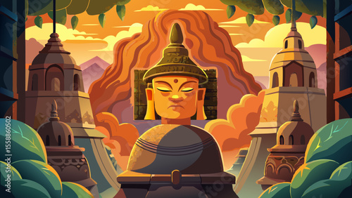 Zoomed-in view of one stone Buddha peeking through bell-shaped stupas. Mist swirls in the background, as warm light enhances the worn volcanic stone texture.

