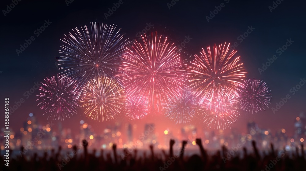 Obraz premium Colorful fireworks illuminate night sky, celebrating joy and new