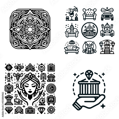 Decorative line luxury icons of culture, architecture, and jewels collection  