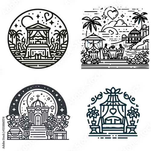 Line art illustrations of romantic honeymoon outdoor settings with palm trees  