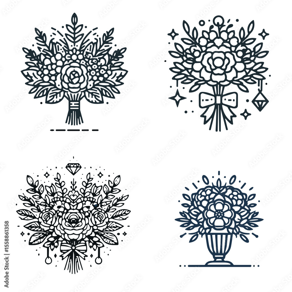 Fototapeta premium Floral illustrations of decorative bouquets in line art style 