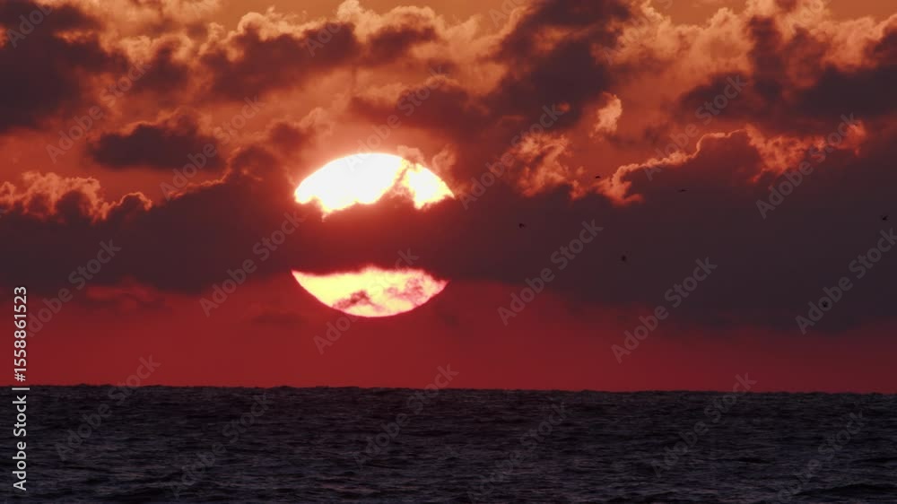 Birds flying against backdrop of big sun in clouds on red sky above sea horizon.