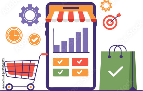 Mobile commerce concept with shopping cart shopping bag graph target clock and gears isolated on transparent background