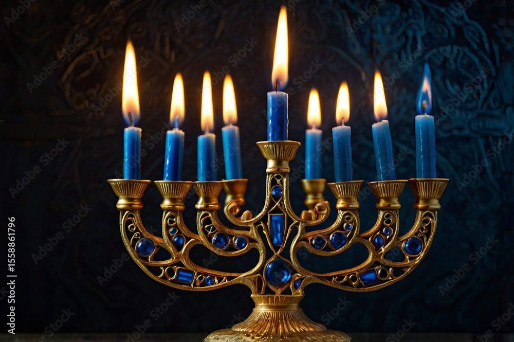 Fototapeta premium Ornate golden menorah with blue candles burning hanukkah