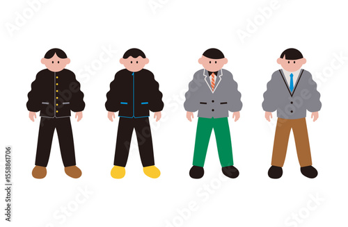 様々な制服を着た男子学生のシンプルなイラストの素材セット