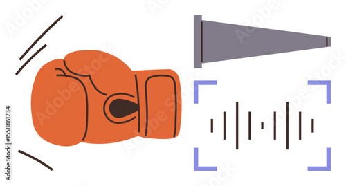 Boxing glove conveying power, megaphone amplifying sound waves for loud communication. Ideal for leadership, influence, voice, protest, strength, empowerment branding. Minimalist flat metaphor