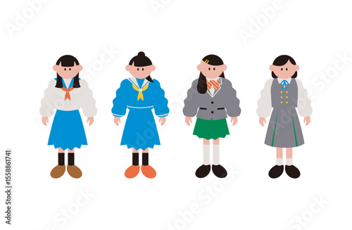 様々な制服を着た女子学生のシンプルなイラストの素材セット