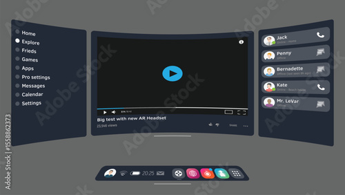 3D VR UI overlay, curved panel and perspective, featuring a central video player, side menus, icons, and a friends list for calls or messages. Immersive AR VR headset interfaces.