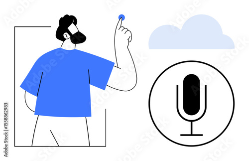 Man pointing to cloud, microphone icon, blue accents suggesting voice command, cloud storage. Ideal for technology, innovation, communication, AI, voice assistant smart devices simple landing page