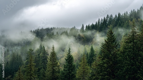 Foggy forest landscape with green trees on white background, representing nature, ecology, and environmental protection in vintage-style photo. photo