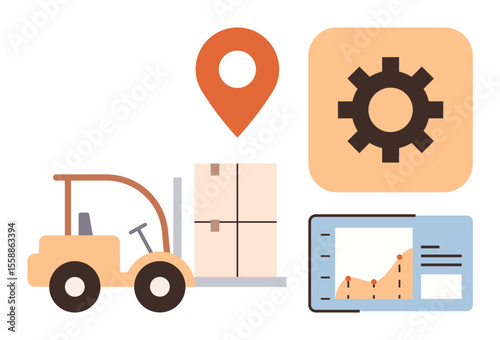 Forklift carrying boxes with map pin, gear icon, and analytics dashboard. Ideal for logistics, supply chain, delivery, productivity, warehouse management technology efficiency concepts. Simple flat