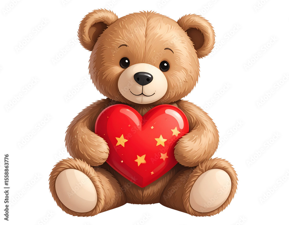 Obraz premium Cute fluffy teddy bear holding a red heart with stars, transparent background.