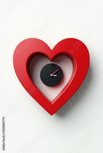 Red Heart with Minimalist Black Clock Face and Ticking Hands Symbolizing Time