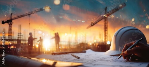 The focused construction worker analyzing blueprints during a vibrant sunset scene.