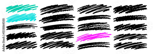 Hand-drawn brush strokes: black, pink, teal textures