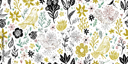 Floral Bird Seamless Pattern: Gold, Black, White