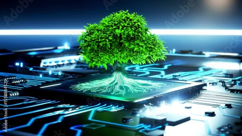 A hyper-realistic green tree grows from a glowing motherboard, merging nature with futuristic tech in a vivid, sustainable, cinematic scene.