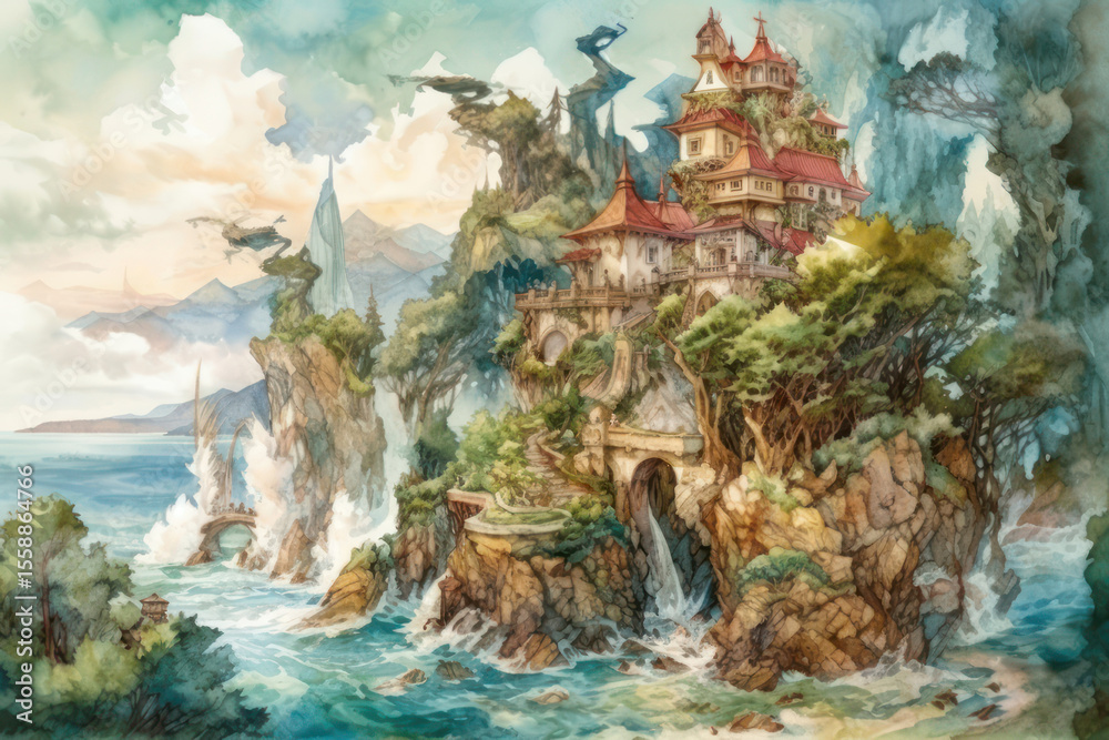 Fototapeta premium Fantasy watercolor illustration of a picturesque castle located on a rocky coast.