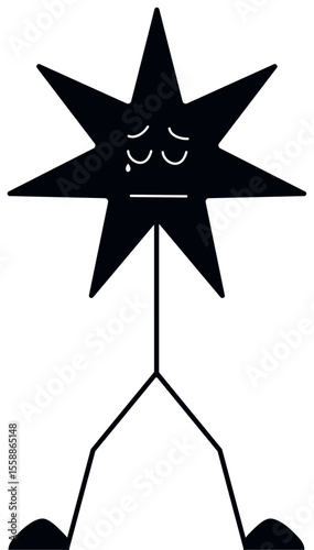 Minimalistic vector illustration of sad star with face and thin body expressing sadness and loneliness, black and white style, emotion and sadness concept